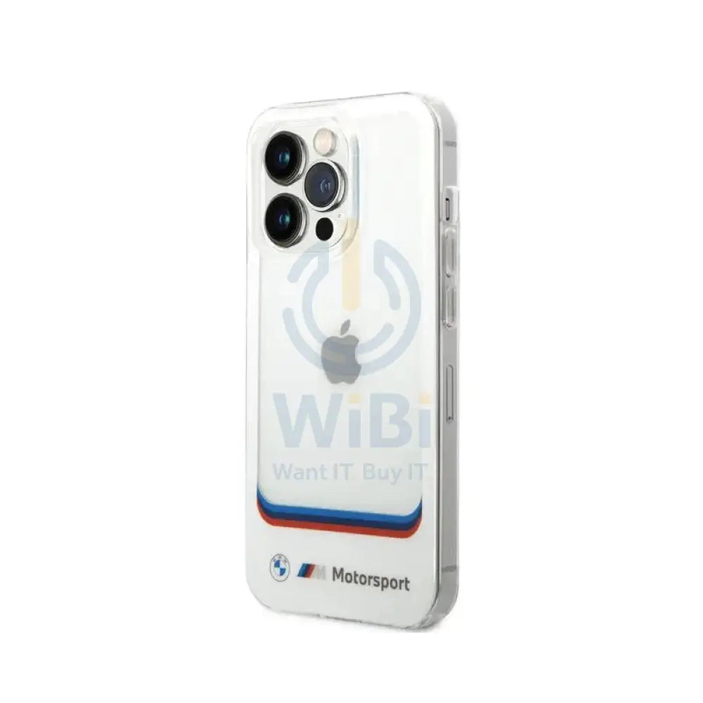 BMW iPhone 14 Pro Motorsport Collection PC/TPU IML Case Big Square Transparent and Printed Bottom Logo - White