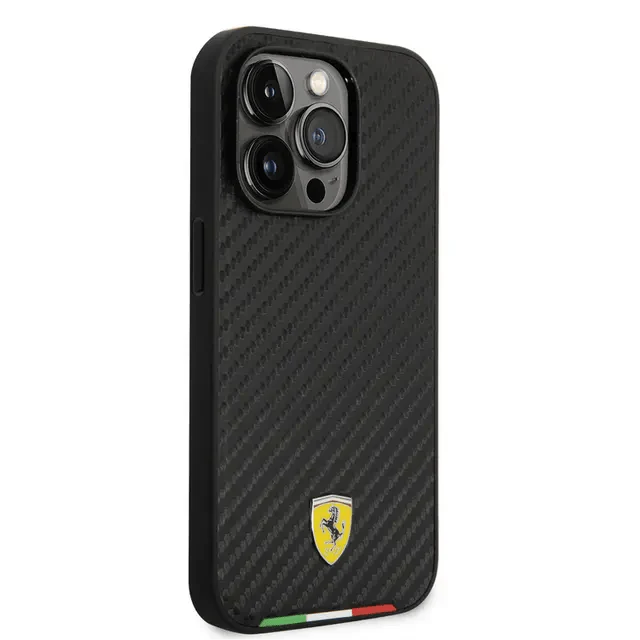 Ferrari iPhone 14 Pro Max HC PU Carbon Effect Case With Italian Flag Line - Black Accessories > Mobiles & Tablets >
