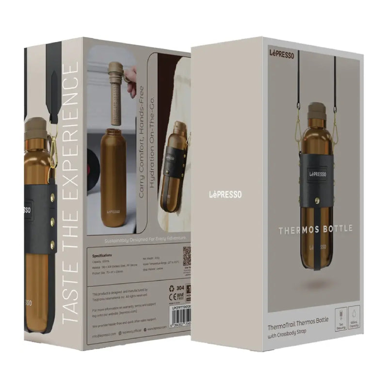 LePresso ThermaTrail Thermos Bottle with Crossbody Strap - Gold