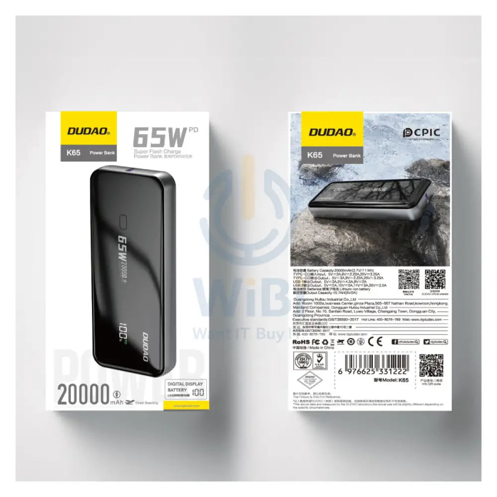 DUDAO K65 Digital Power Bank - 20,000mAh / 65W / Black Accessories > Power Bank