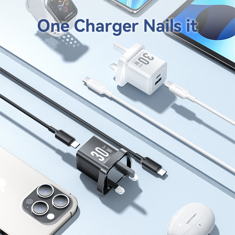 Vention 2-Port GaN Charger with Cable - 30W / USB-C / Black
