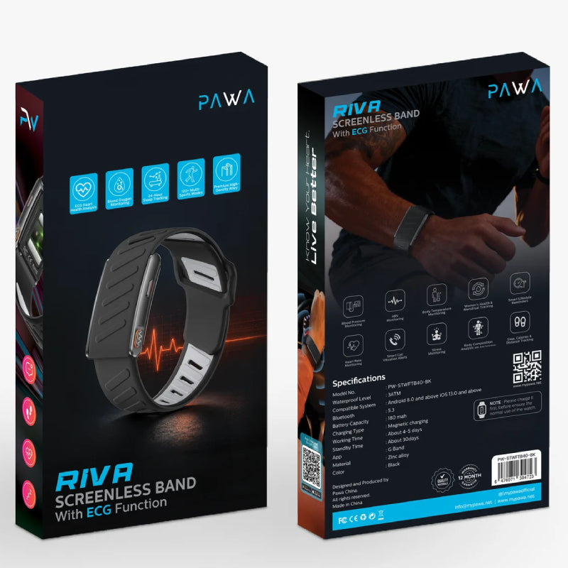 Pawa Riva Screenless Band With ECG Function - Bluetooth / 180mAh / Black