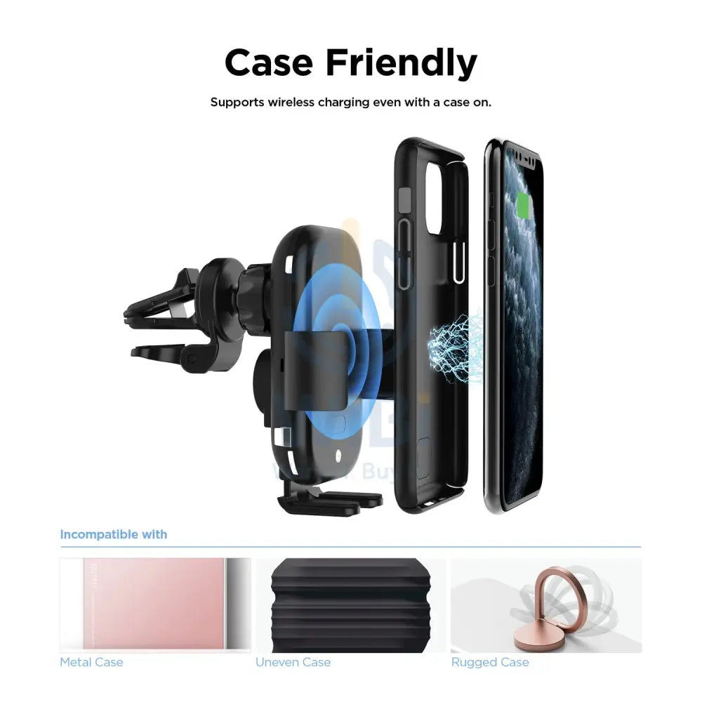 Elago Wireless Car Fast Charger with Auto-Clamping Car Mount (Included: Car Automatic Charger Dashboard Mount Air Vent