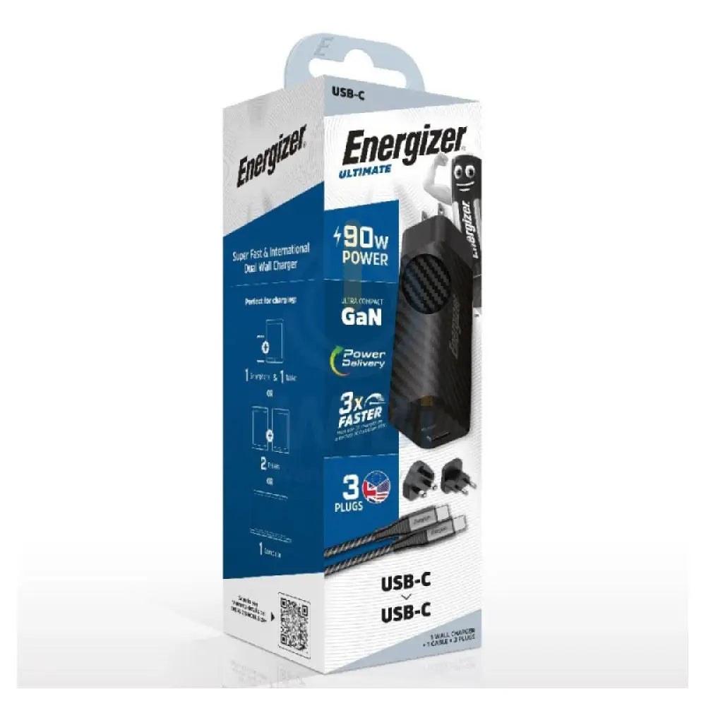 Energizer Ultimate Wall Charger with Universal Plug with Type-C Cable - 90W / Type-C / USB-A / Black Accessories >