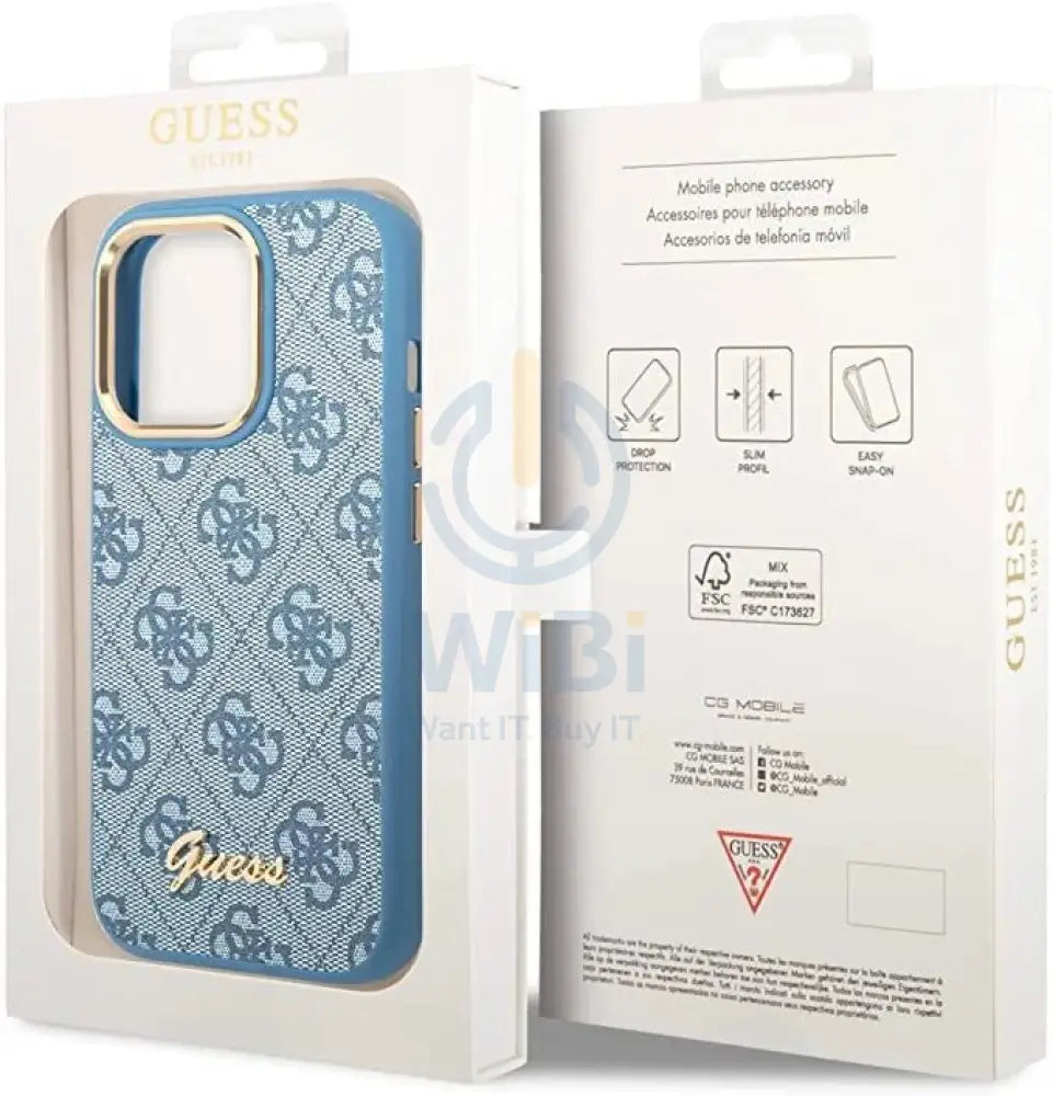 Guess Apple iPhone 14 Pro Max PC/TPU 4G PU Case With Metal Camera Outline & Buttons - Blue Accessories > Mobiles &