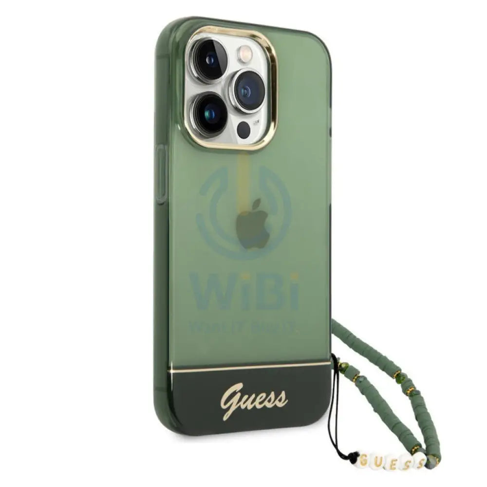 Guess Apple iPhone 14 Pro PC / TPU IML Case Double layer Electroplated Camera Outline Translucent with Strap - Green