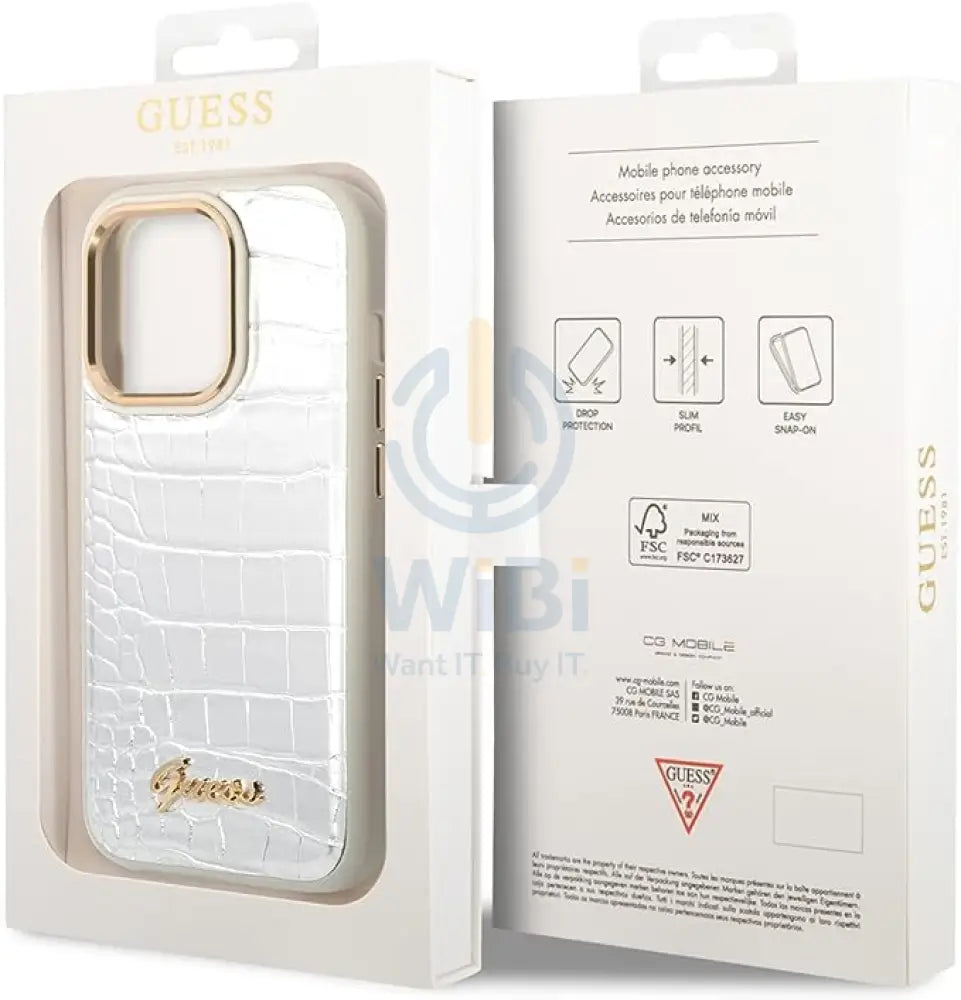 Guess Apple iPhone 14 Pro Pu Croco Case With Metal Camera Outline - Silver Accessories > Mobiles & Tablets > Mobiles