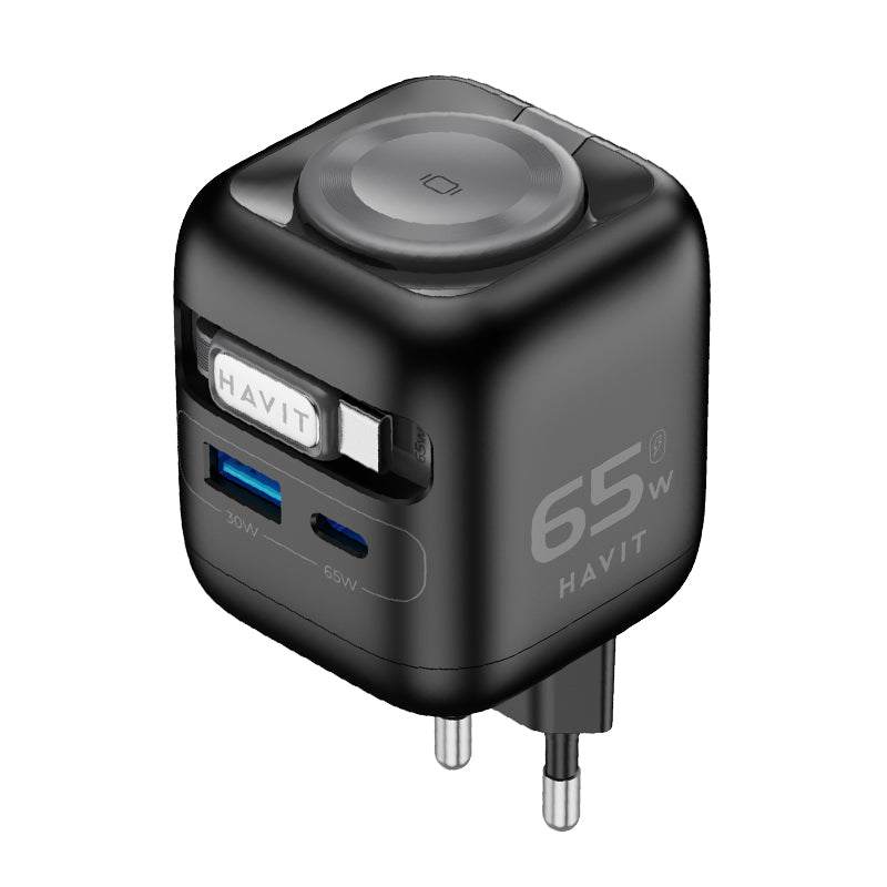 Havit UC252 A-UK Wall Charger with Built-In Cable - 65W / USB-C / USB-A / Black
