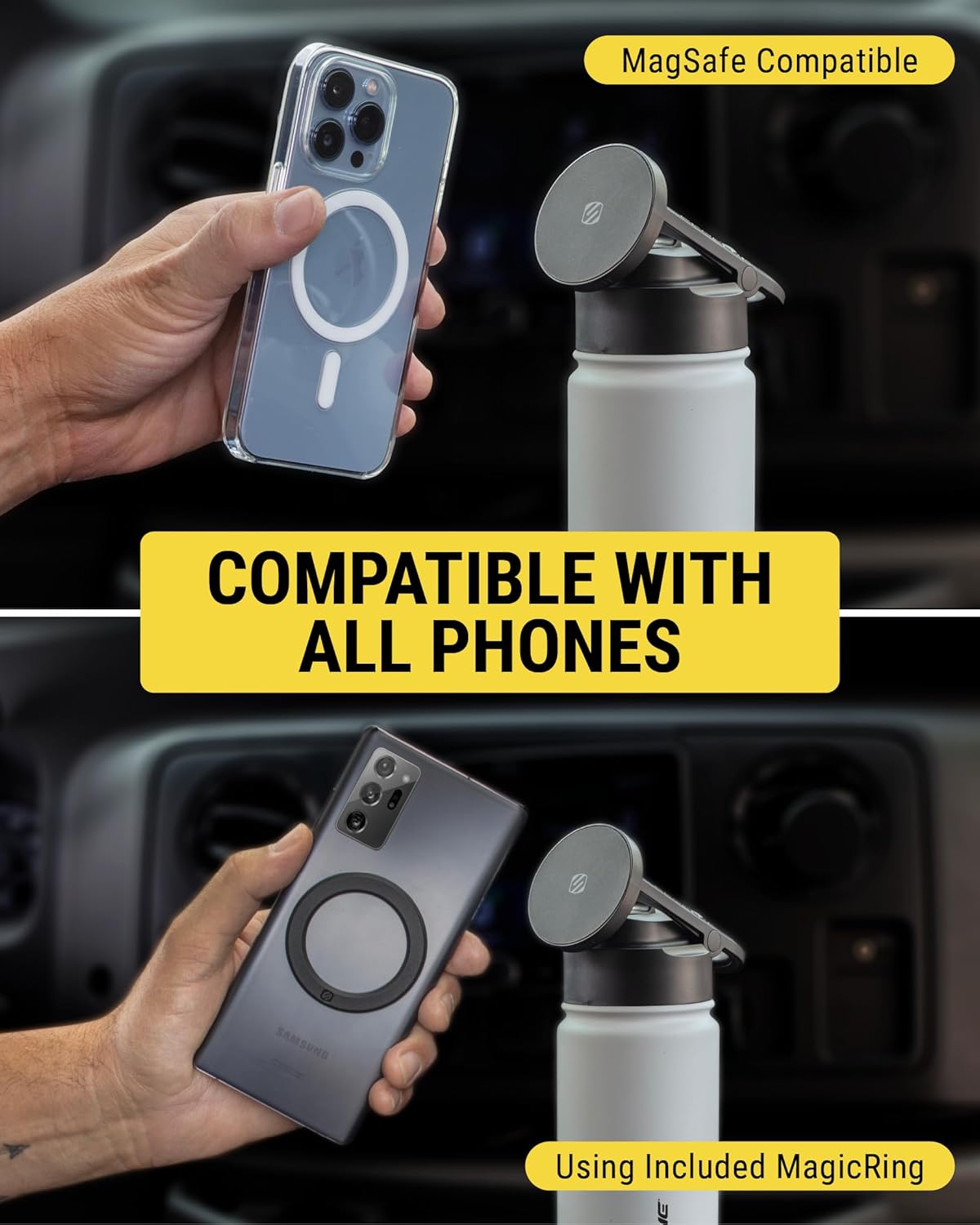 Scosche MagicMount Flask 22oz (650 ml) Stainless Steel Insulated Water Bottle with Magnetic Cell Phone Holder and Tripod Phone Mount Stand Compatible w/ MagSafe - Black