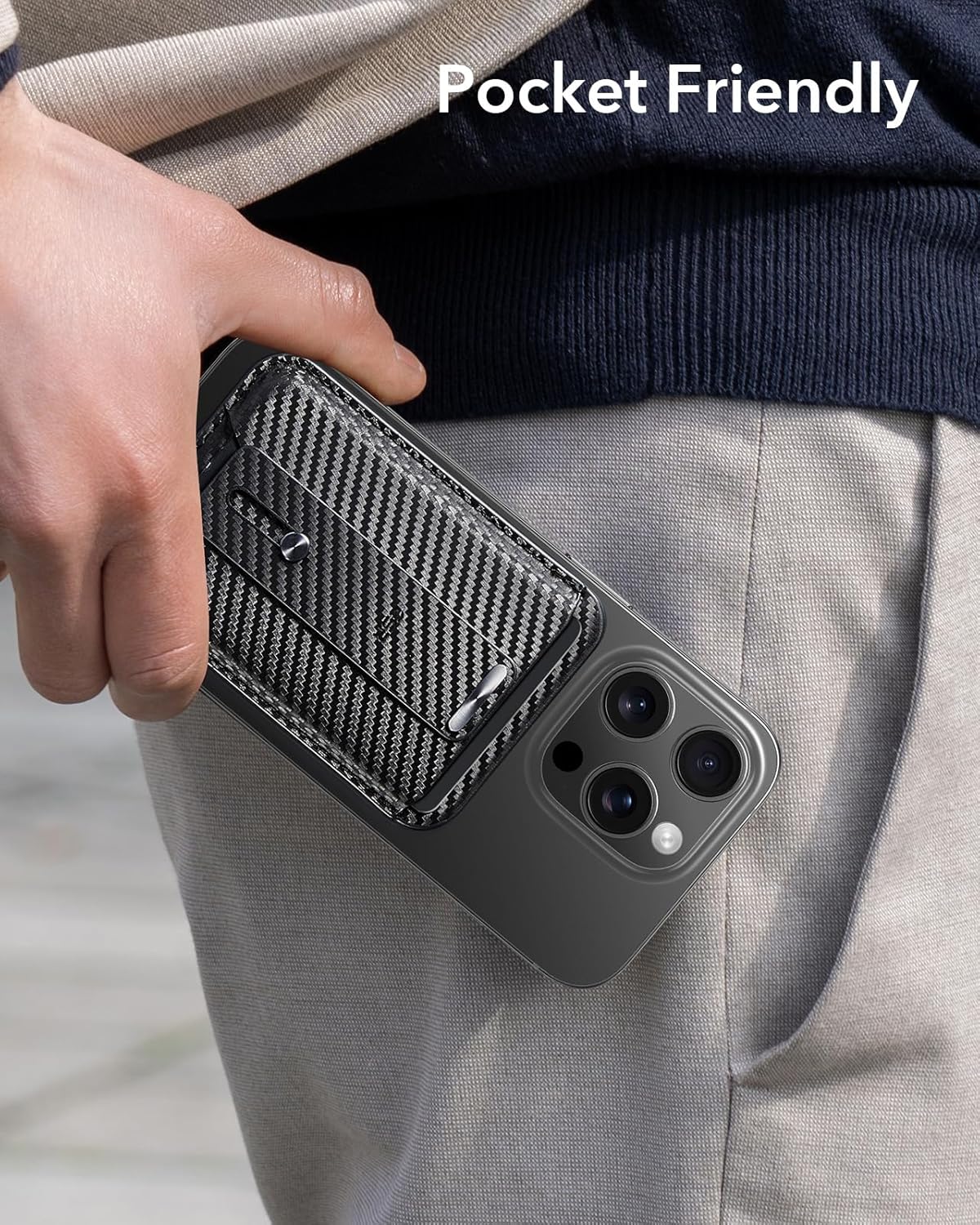 ESR Magsafe Leather Grip Wallet - Black Carbon Fiber