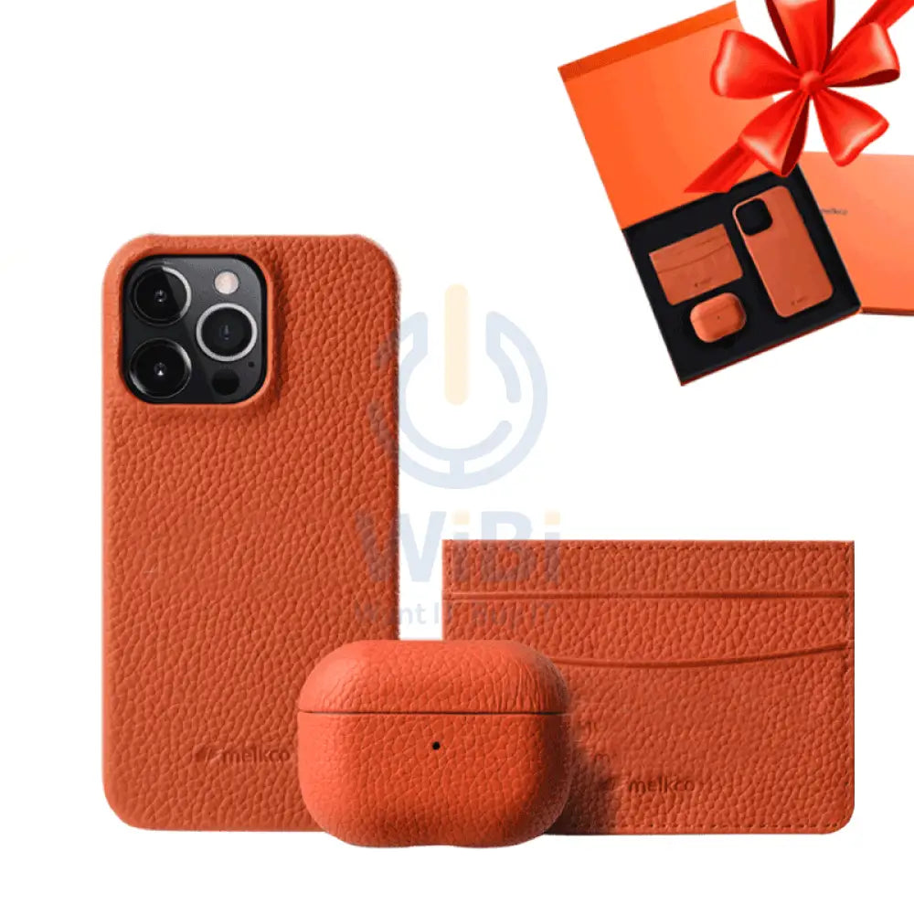 iPhone 13 Pro Max - Airpod 3 - Orange Leather Case Gift Set With Wallet Accessories > Mobiles & Tablets