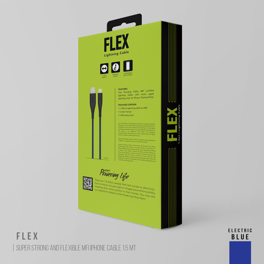 GOUI FLEX 8 PIN USB Cable - USB-A / Lightning / 1.5 Meter / Electric Blue