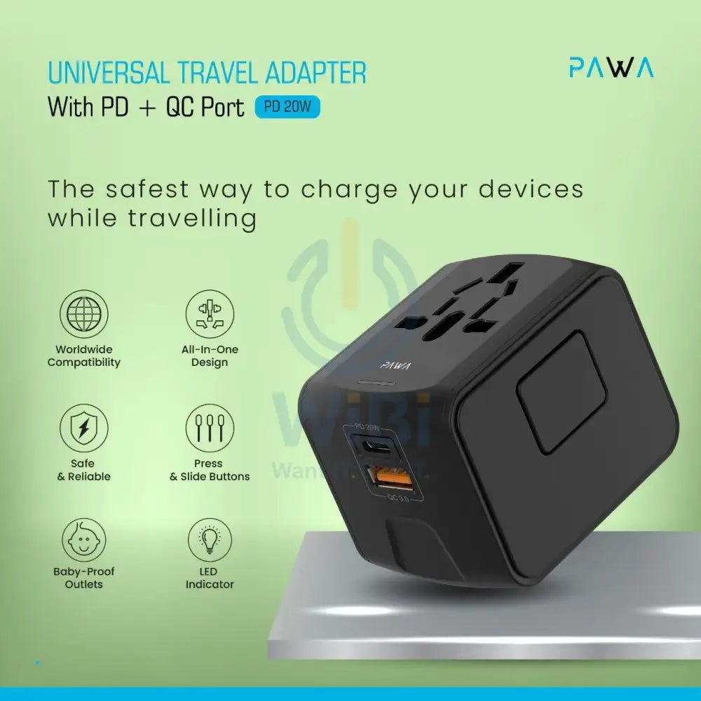Pawa Universal Travel Adapter with PD + QC 20W – Black Accessories > Power Adapters