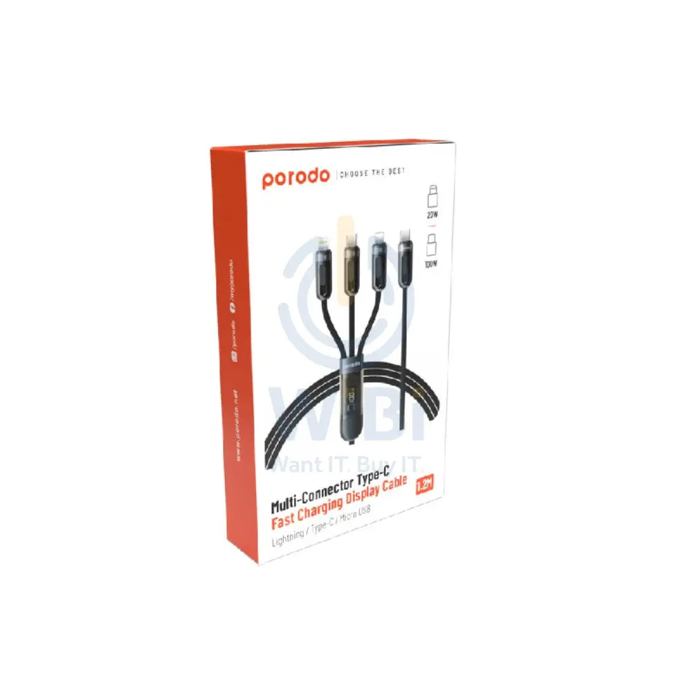 Porodo 3-IN-1 Digital-Display Fast Charging 1.2M Cable C to C + L + M - Black Accessories > Cables & Converters > Cables