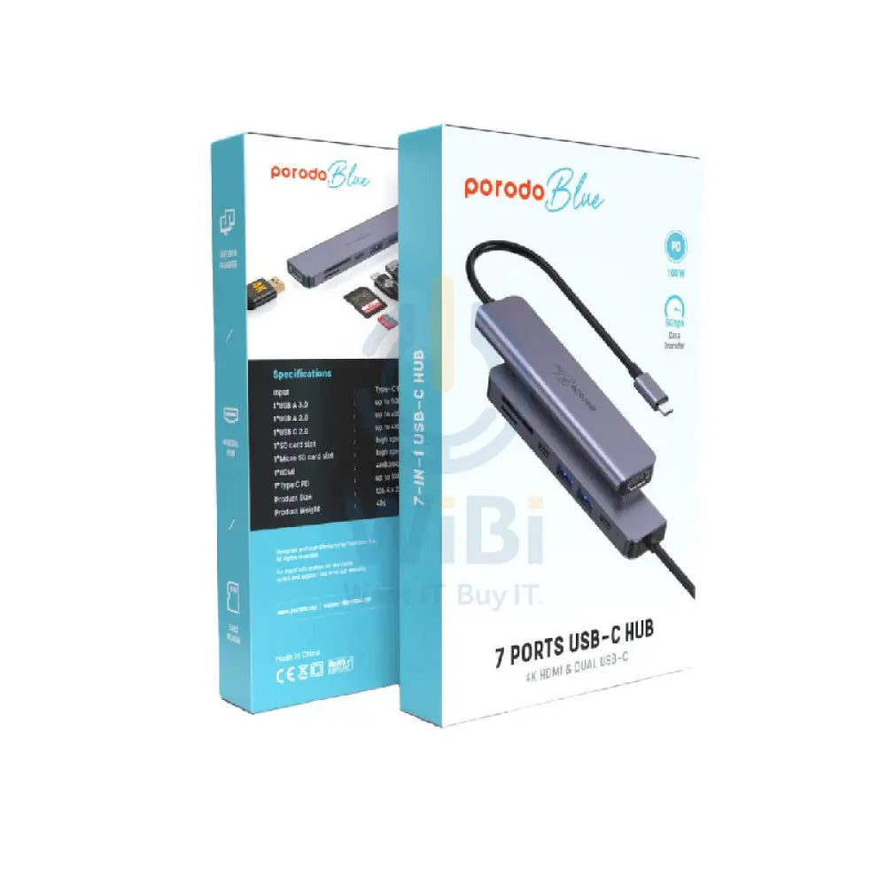 Porodo Blue 7 In 1 Hub - HDMI / 2xUSB-A / 2xUSB-C / SD MicroSD / Grey Accessories > Cables & Converters > Cables >