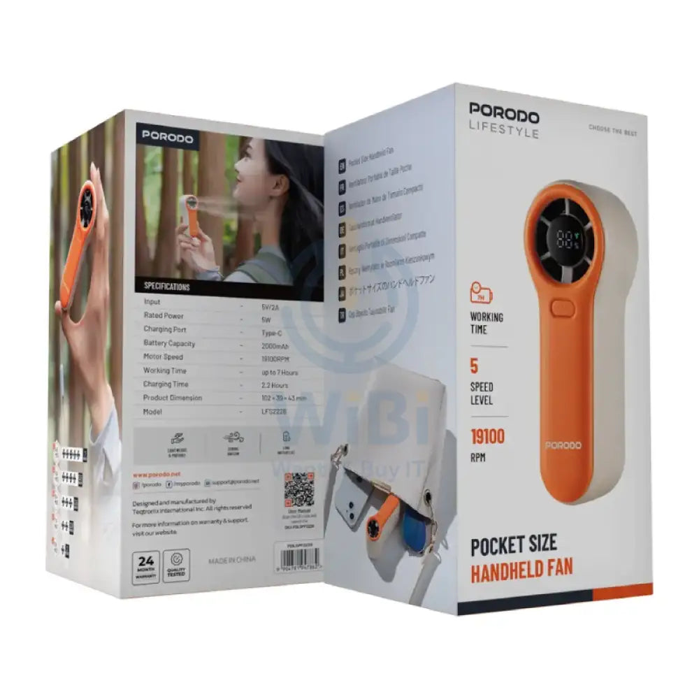 Porodo Lifestyle Pocket Size Handheld Fan - 2000mAh / White/Orange Accessories > Smart Devices