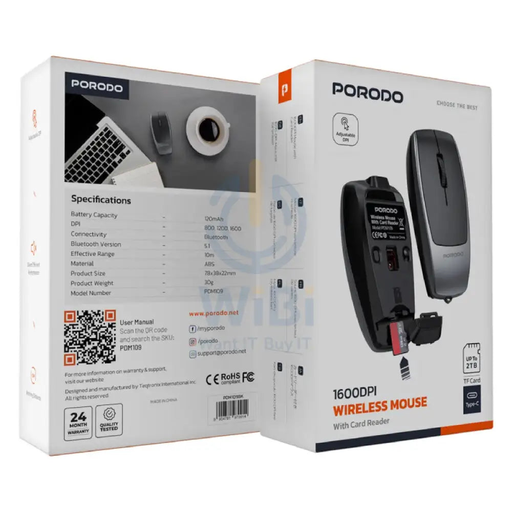 Porodo PDM109 Wireless Mouse with Card Reader 1600dpi / Bluetooth / 120mAh / Black Accessories > Keyboard & Mouse
