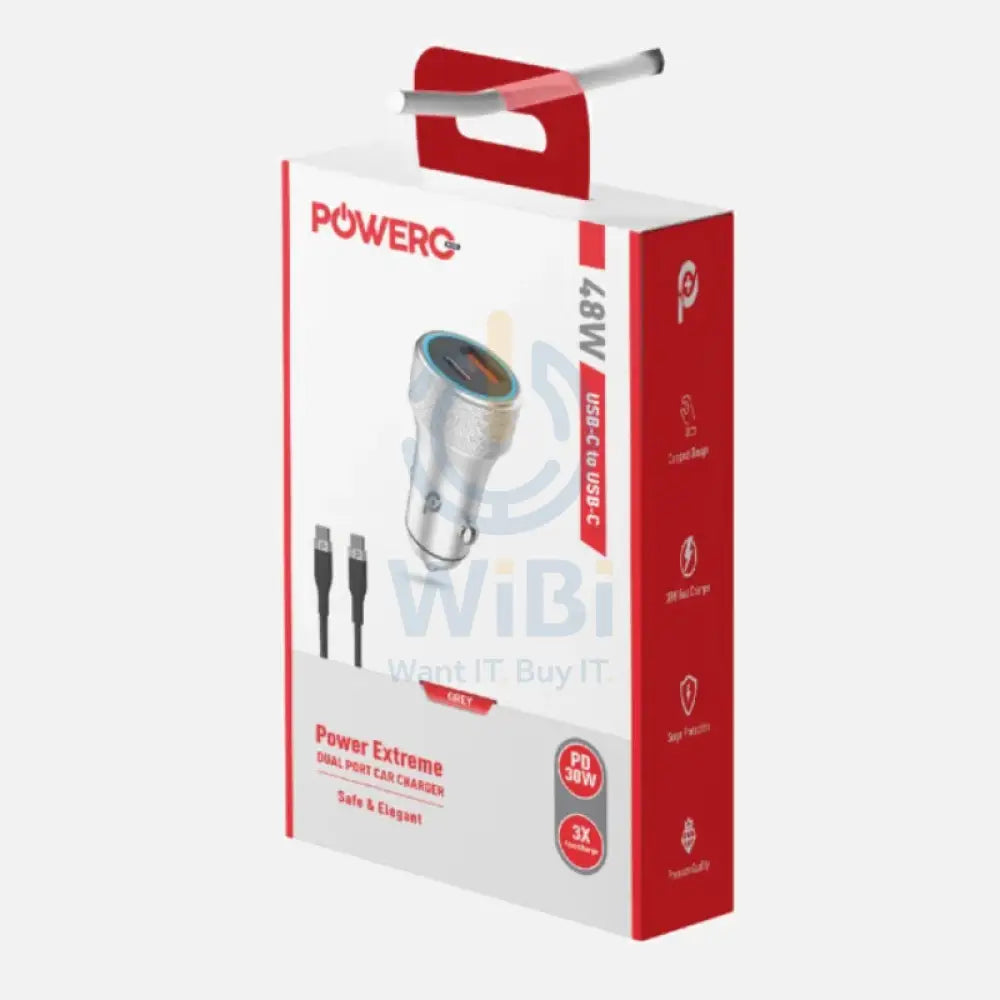 PowerO + Power Extreme Dual Port Car Charger with Type-C Cable - 48W / USB-A / USB-C / Grey Accessories > Mobiles &