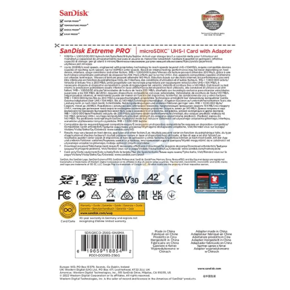 SanDisk Extreme PRO microSDXC UHS-I CARD with Adapter - 256GB / Up to 200 MB/s Storage > Memory Cards