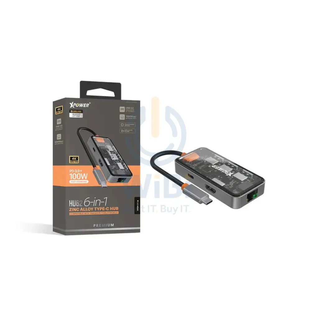 XPower HU62 6 In 1 Type-C Hub - 100W / USB / HDMI / Type-C / RJ45 - Transparent Grey Accessories > USB Hub > Offer Zone