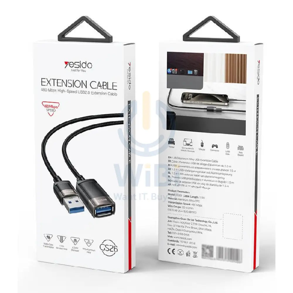 Yesido GS26 Aluminum Alloy USB Extension Cable - 1.5 Meter / USB - Black Accessories > Cables & Converters > Cables