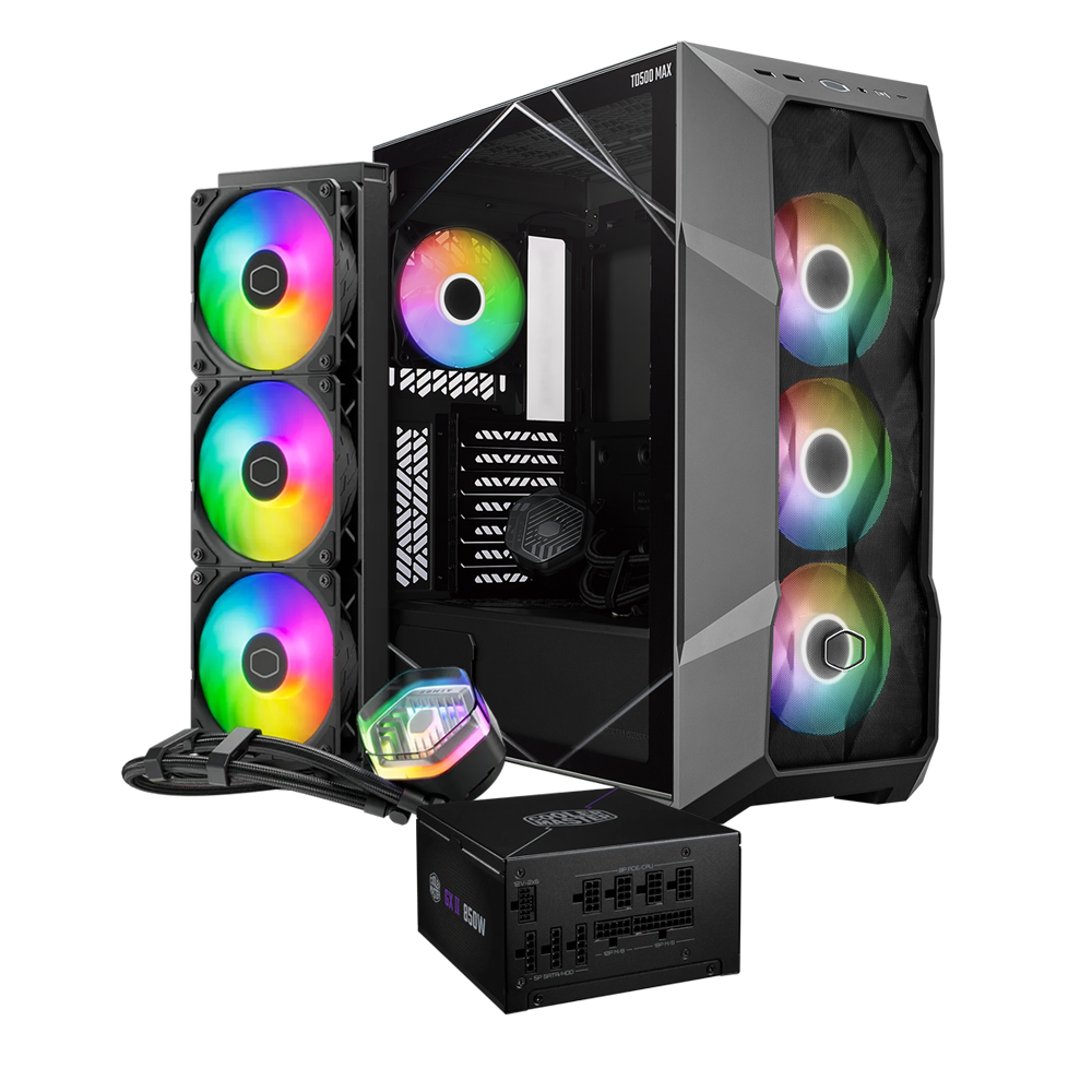 حافظة كمبيوتر كولر ماستر TD500 ماكس + مزود طاقة جولد 850 واط ATX3.0 ماكس + تبريد ML360 أتموس ماكس