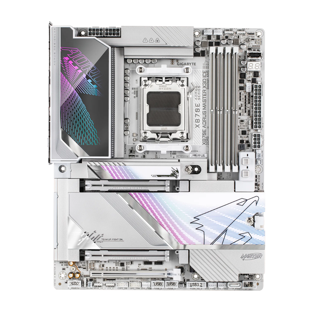 GIGABYTE X870E AORUS MASTER X3D ICE Motherboard - Wi-Fi7 / Bluetooth / HDMI / DisplayPort / USB - White