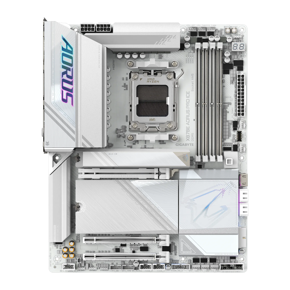 GIGABYTE X870E AORUS PRO X3D ICE Motherboard - Wi-Fi / Bluetooth / HDMI / DisplayPort / USB - White