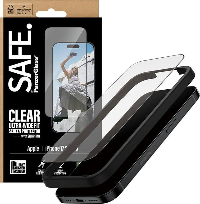 PanzerGlass® EasyAligner silkprint Ultra- Wide Fit Screen Protector For iPhone 17 - Clear