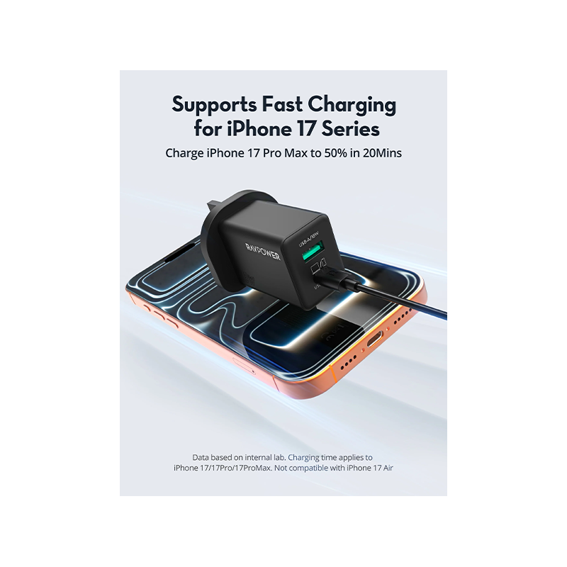 شاحن حائط راف باور بمنفذ USB-C ومنفذ USB-A وتقنيتي PD وGaN بقدرة 45 واط - أسود