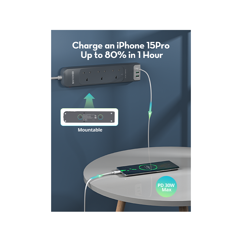 مشترك كهربائي متعدد المنافذ راف باور بمنفذ USB-C ومنفذي USB-A وتقنية PD30 و3 مقابس تيار متردد مع كابل بطول 3 أمتار