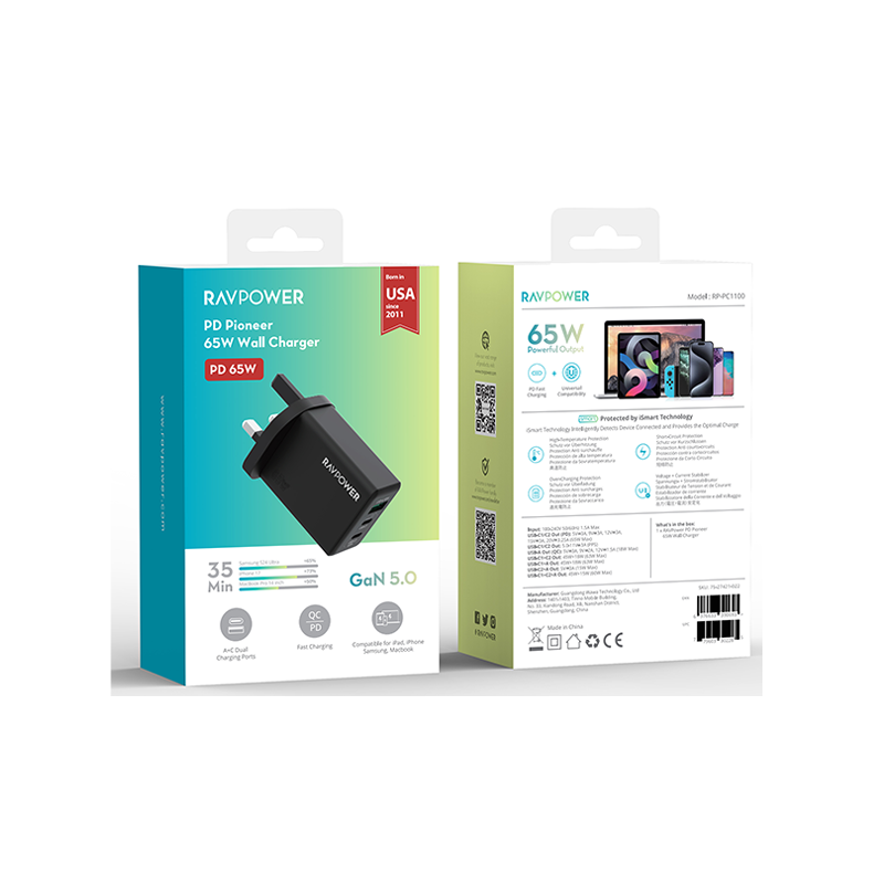 شاحن حائط راف باور بمنفذي USB-C ومنفذ USB-A وتقنيتي PD وGaN بقدرة 65 واط - أسود