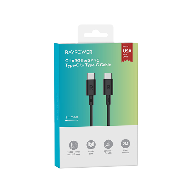كابل راف باور من USB-C إلى USB-C بقدرة 60 واط وطول 2 متر - أسود