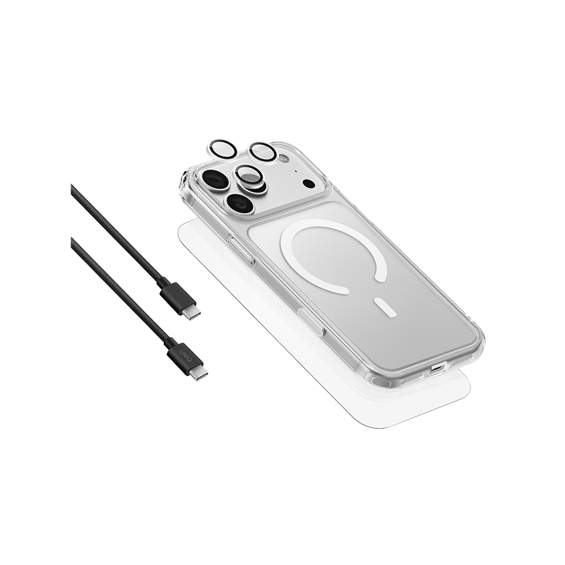 Uniq Hybrid Clearvue 360 Essential Bundle Pack (MagSafe Case + Screen Protector + Camera Lens Protector + 1M USB- C to C Cable) for iPhone 18 Pro Max