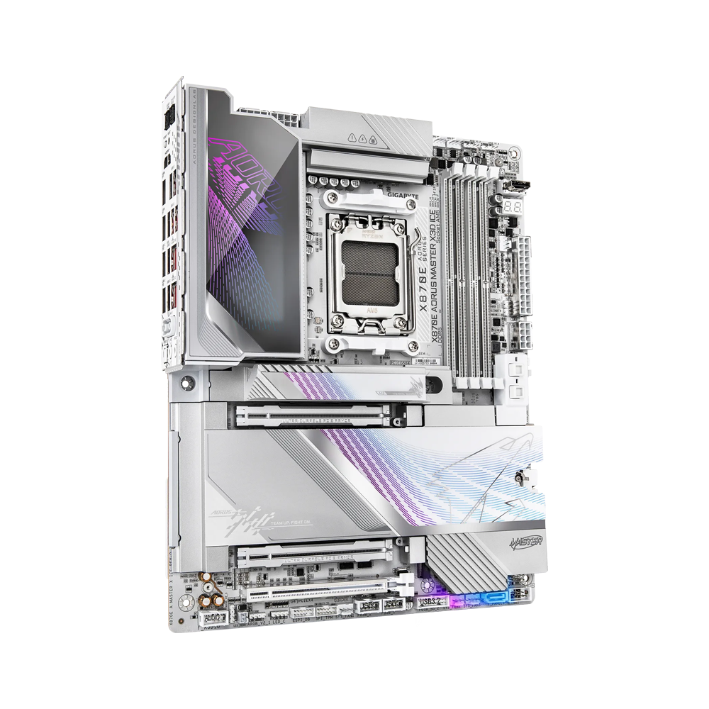 GIGABYTE X870E AORUS MASTER X3D ICE Motherboard - Wi-Fi7 / Bluetooth / HDMI / DisplayPort / USB - White