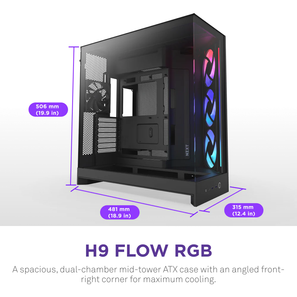 NZXT H9 Flow RGB (2025) Dual-Chamber Mid Tower Case With RGB Fans - Black