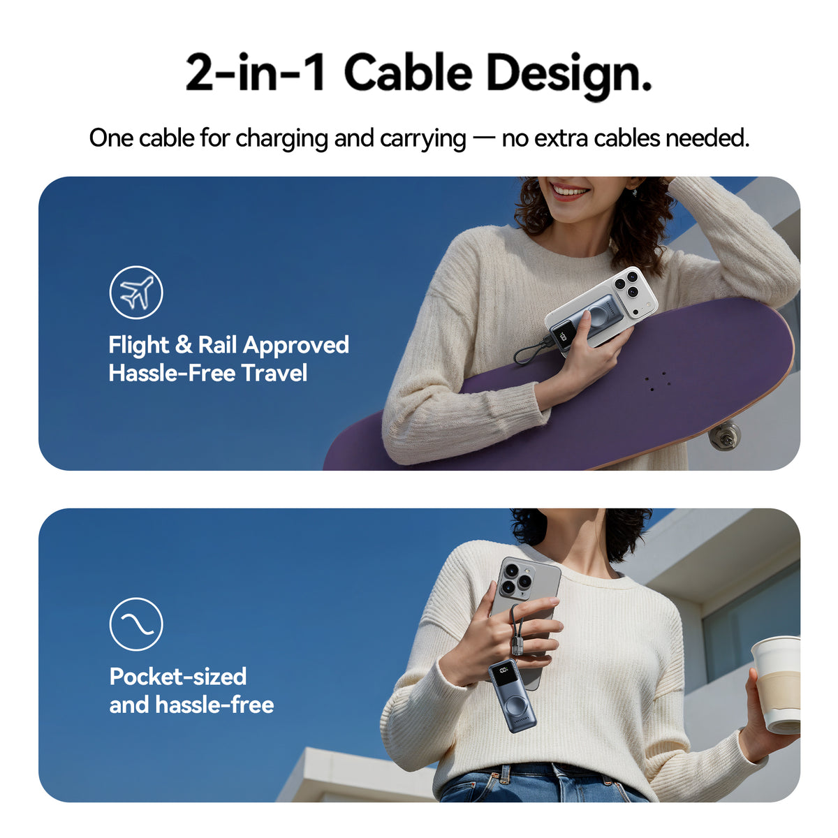 Vention Mini Power Bank with Built-in USB-C  Cable - 10000mAh / USB-C / USB-A / Grey