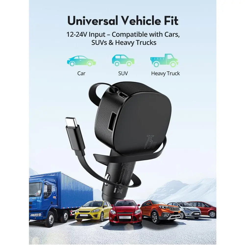 RAVPower RP-VC1021 Retractable Cable Car Charger - 75W / Black