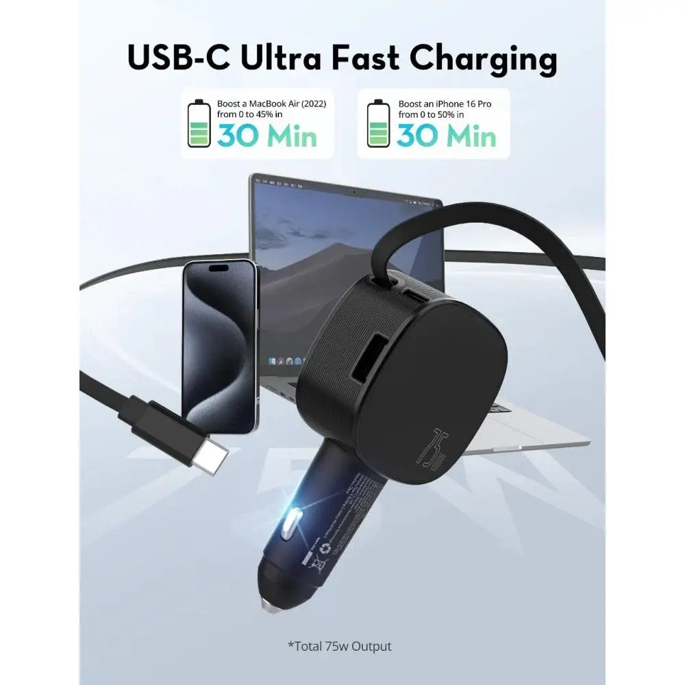 RAVPower RP-VC1021 Retractable Cable Car Charger - 75W / Black