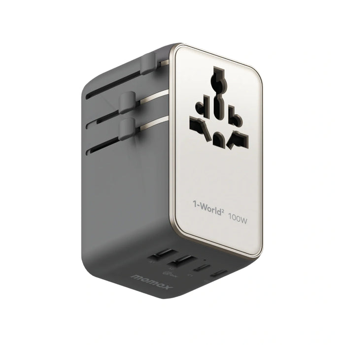 MOMAX Universal 4-Port Travel GaN Charger with Dual AC - 100W / USB-A / USB-C / Titanium