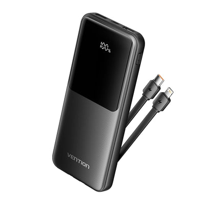 Vention Power Bank 10000mAh (Micro-USB + USB-C + USB-A + USB-A) with Built-in USB-C and Lightning Cables 22.5W - Black
