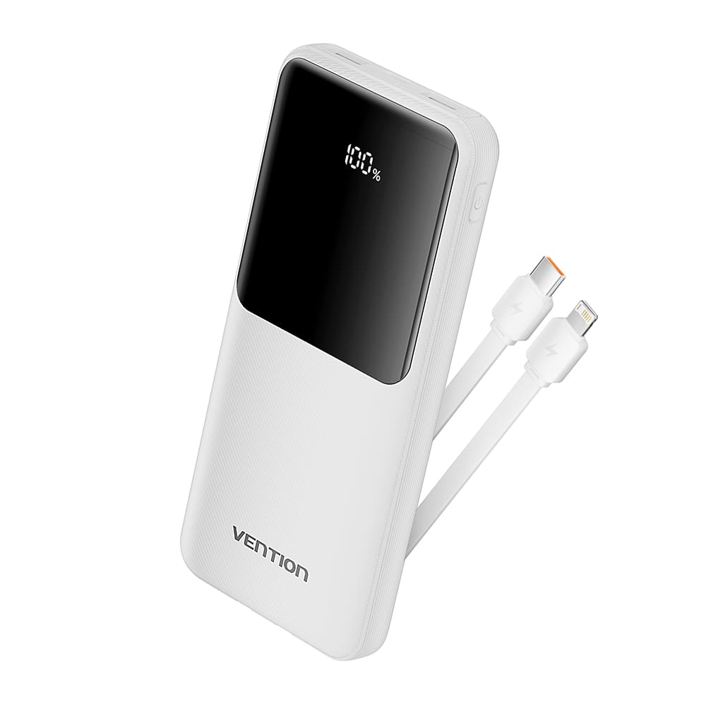 Vention Power Bank 10000mAh (Micro-USB + USB-C + USB-A + USB-A) with Built-in USB-C and Lightning Cables 22.5W - White