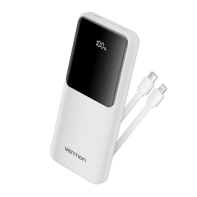 Vention Power Bank 10000mAh (Micro-USB + USB-C + USB-A + USB-A) with Built-in USB-C and Lightning Cables 22.5W - White