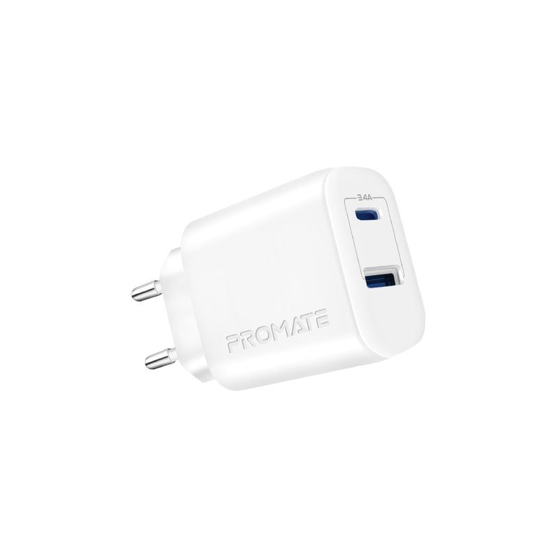 Promate BiPlug-2 High-Speed Dual Port Charger -17W / USB-A / USB-C / White