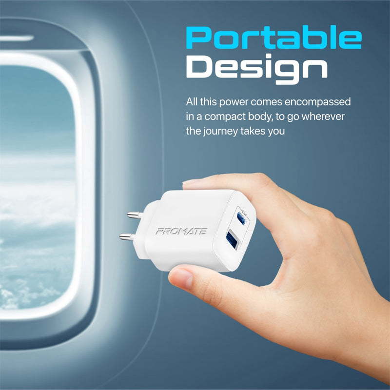 Promate BiPlug-2 High-Speed Dual Port Charger -17W / USB-A / USB-C / White