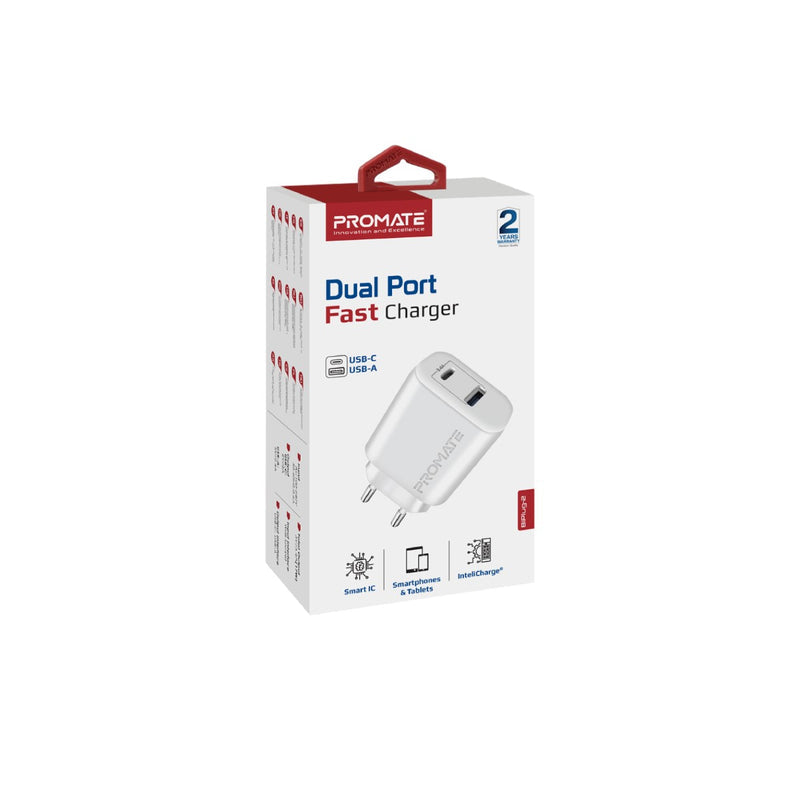 Promate BiPlug-2 High-Speed Dual Port Charger -17W / USB-A / USB-C / White