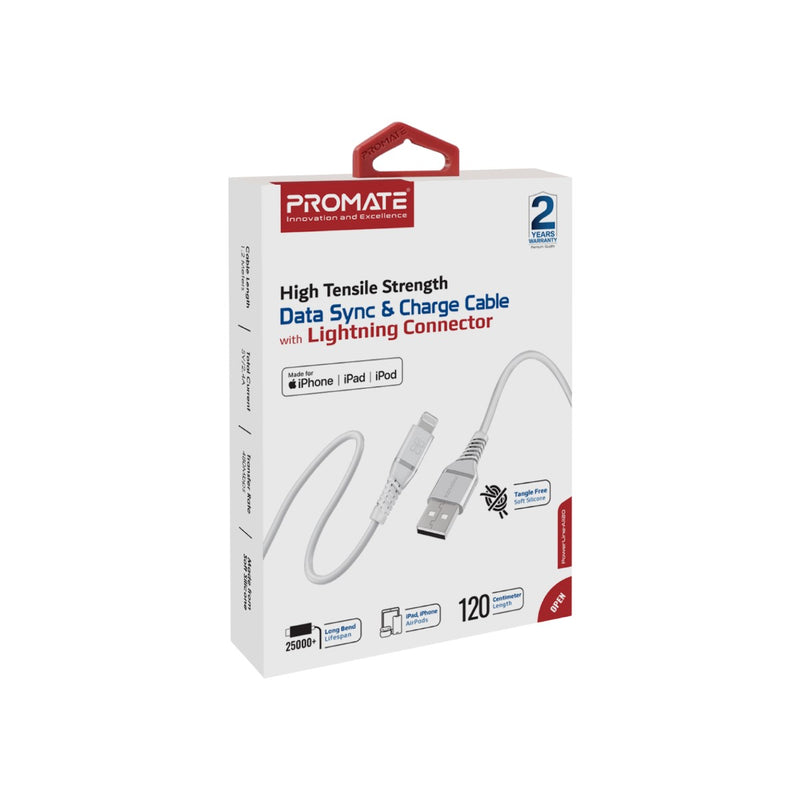 Promate PowerLine-Ai120 Data Sync & Charge Cable - USB-A / Lightning / White