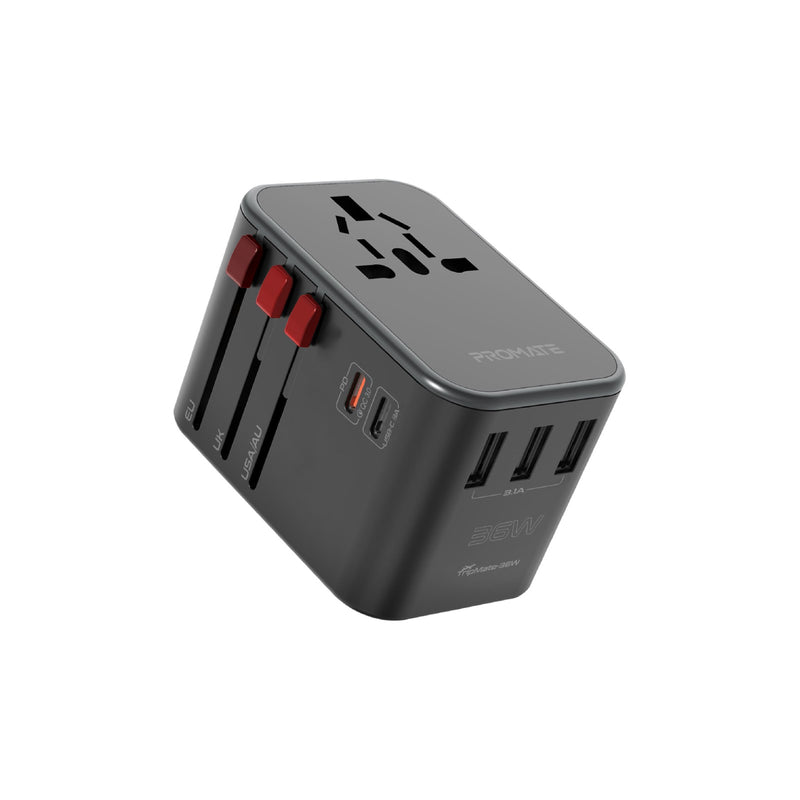 Promate TripMate-GaN65 Power Delivery GaNFast Travel Adapter - 65W / USB-A / USB-C / Black