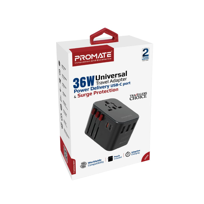 Promate TripMate-GaN65 Power Delivery GaNFast Travel Adapter - 65W / USB-A / USB-C / Black