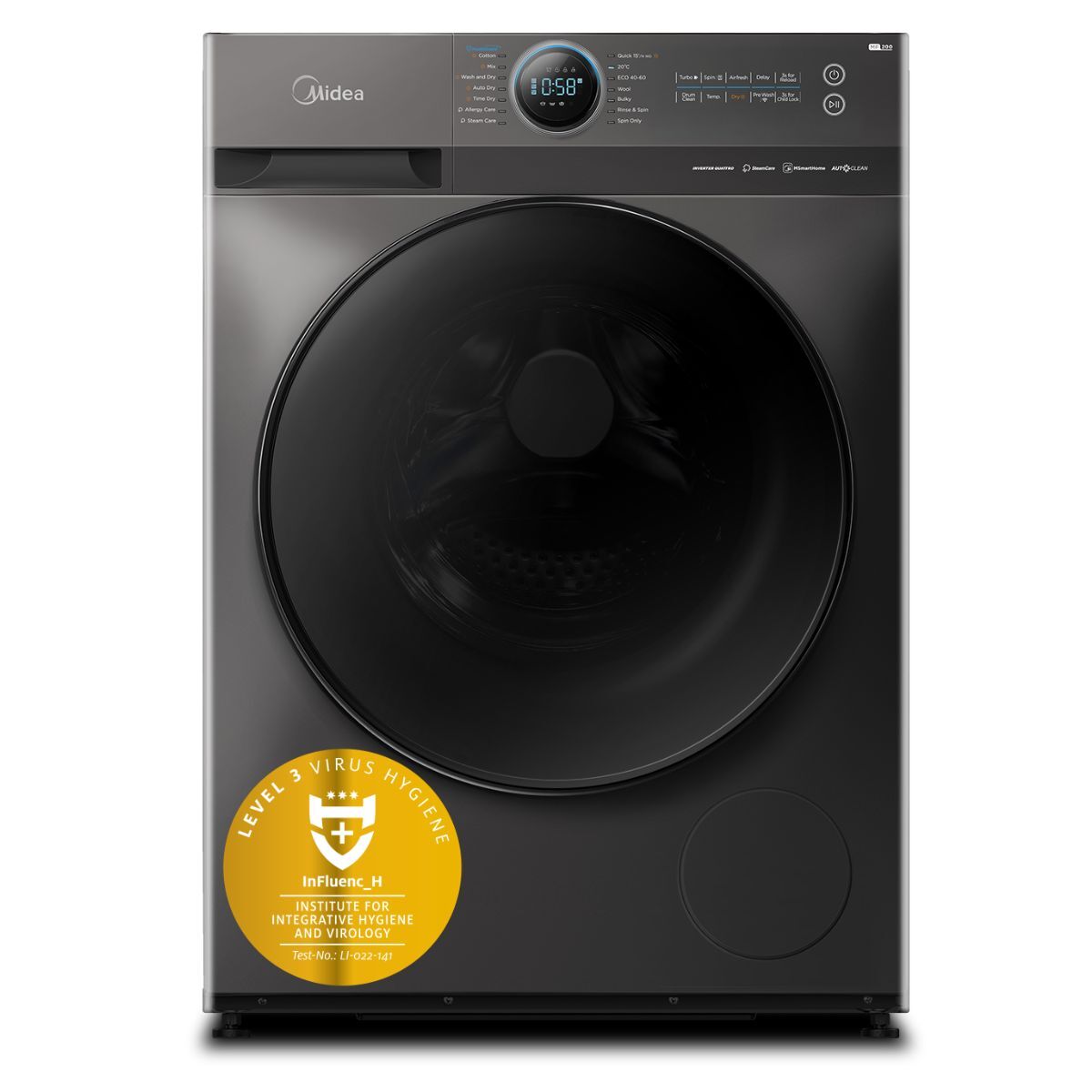 Midea Washing Machine Front Load,8-6KG,1400RPM, Titanum Grey - MF200D80WB/T-KW